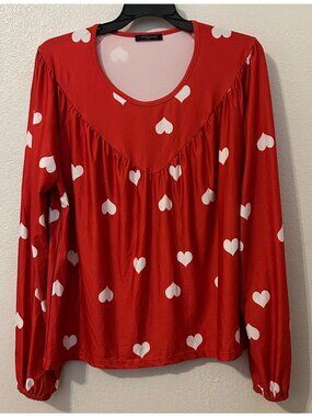 Red & White Heart Long Sleeve Top Sz 1X Women's Lightweight Valentine's Day Love
